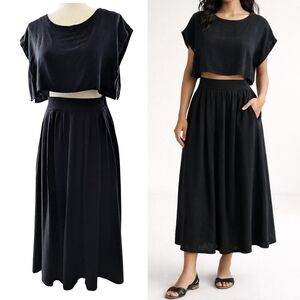 Hunter & Brown Black Women's Skirt Set Casual Lagenlook Boho Brunch Relaxed M